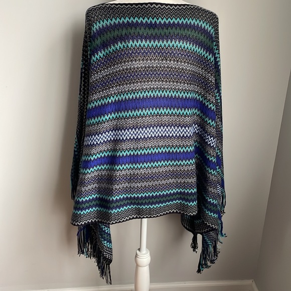 Missoni Chevron Zig Zag Pattern Wool Blend Sweater Poncho Blue & Gray One Size - Picture 3 of 6